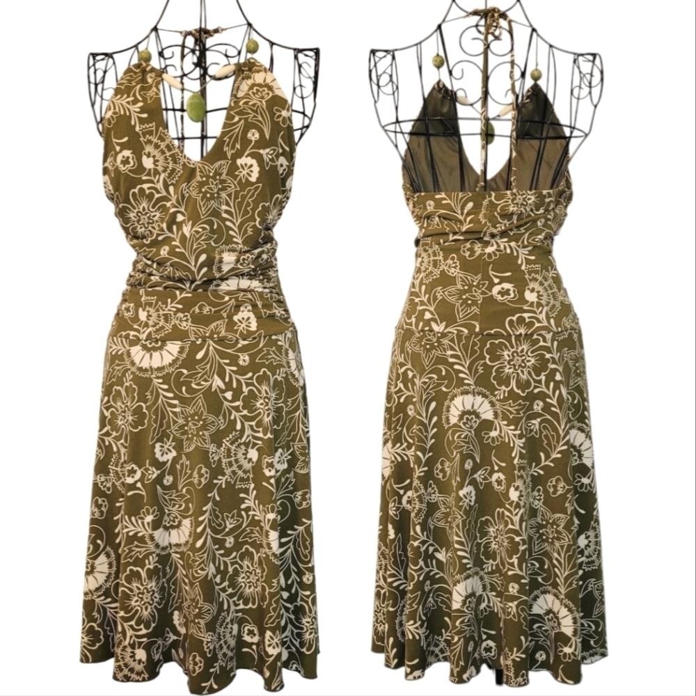 Vintage Y2K Slinky Floral Halter Dress Olive Green Light Cream Ruched Waist Sz M